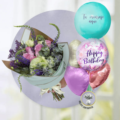 Ramillete de Rosa Lila, Lisianthus Limón y Verónica + Bunch de Globos con Helio Personalizado -SET049-