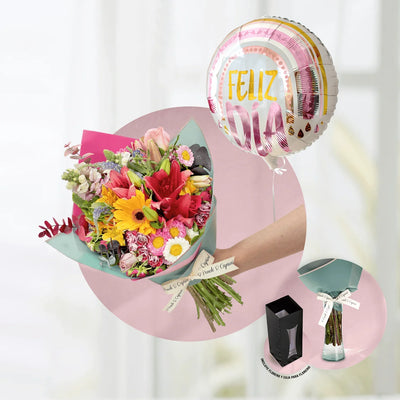 Branch of colored roses, yellow gerbera, Lilis wine, mouth of dragon and black dollar preserved - PRAM053 -