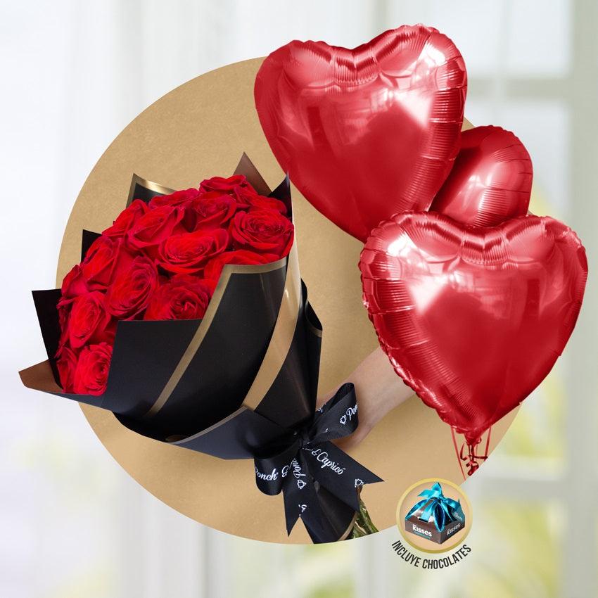 Ramillete de 24 Rosas Rojas + Bouquet de Globos de Amor -SET070-