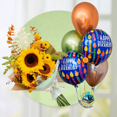 Ramillete de Girasoles, Eucalipto Marrón Preservado, Gerberas y Leather Preservado + Bouquet de Globos -SET079-