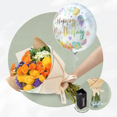 Ramillete de Rosas, Mini Rosas y Hortensias + Globo Happy Birthday Flores Multicolor 18 -SET039-