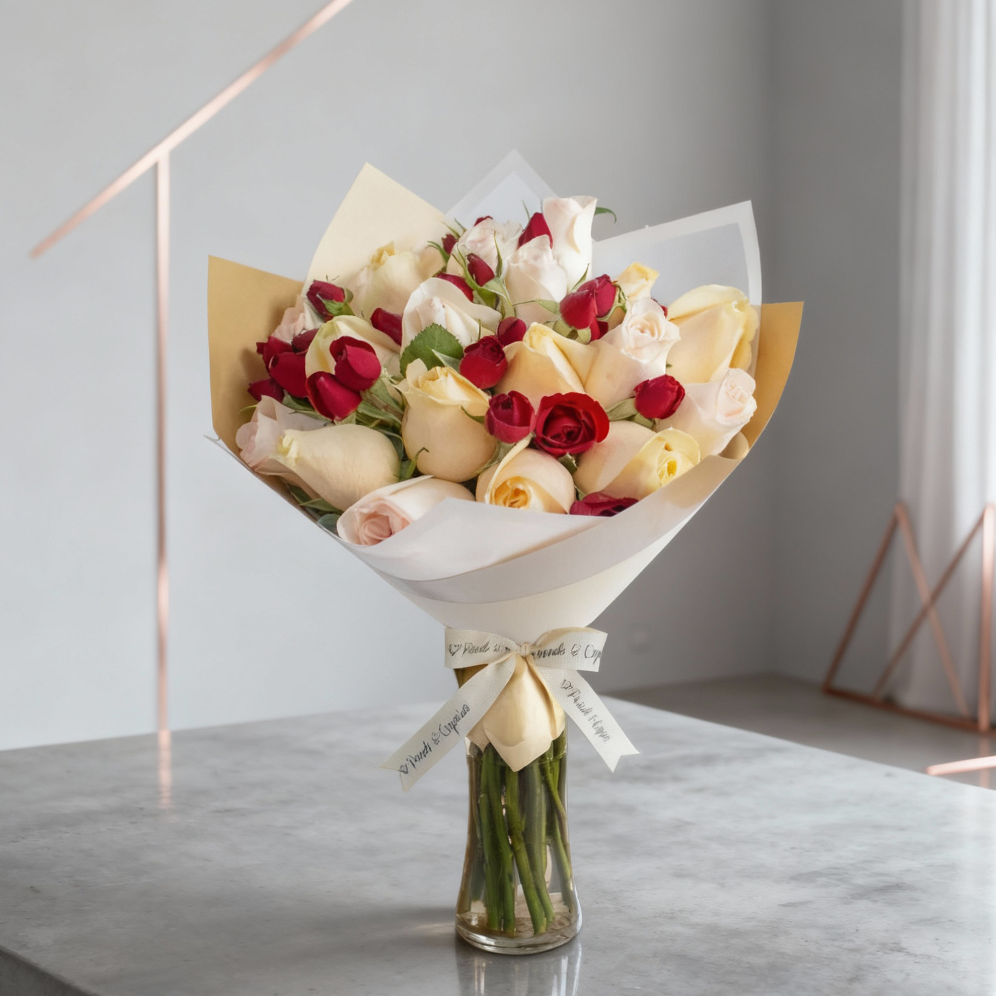 Ramo de Rosas Peach Avalanche, Señorita y Mini Rosas Rojas con florero a domicilio en CDMX