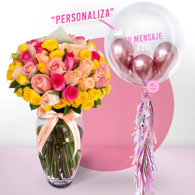 Branch of Yellow and Pink Roses Mixed + Personalized Globe inflated with Helio -Set097-