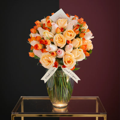 Ramo de Rosas Beige y Naranjas (Peach, Señorita y Mini Rosas Naranja)