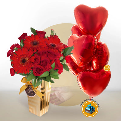 Arreglo de Rosas Rojas y Gerberas + Media Docena de Globos de Corazón -SET121-