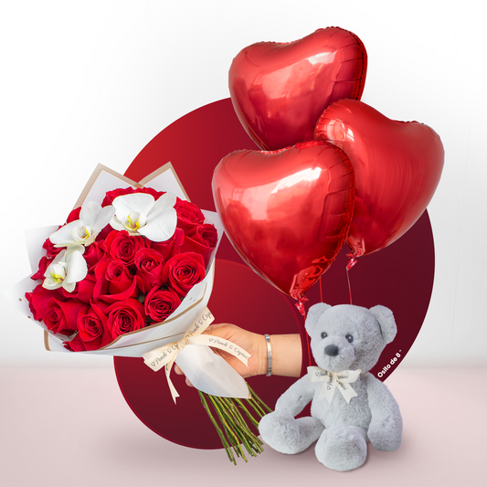 Ramo de 24 Rosas Rosas y flores de Orquídea + Bouquet de Globos de Amor + Peluche - SET090 -
