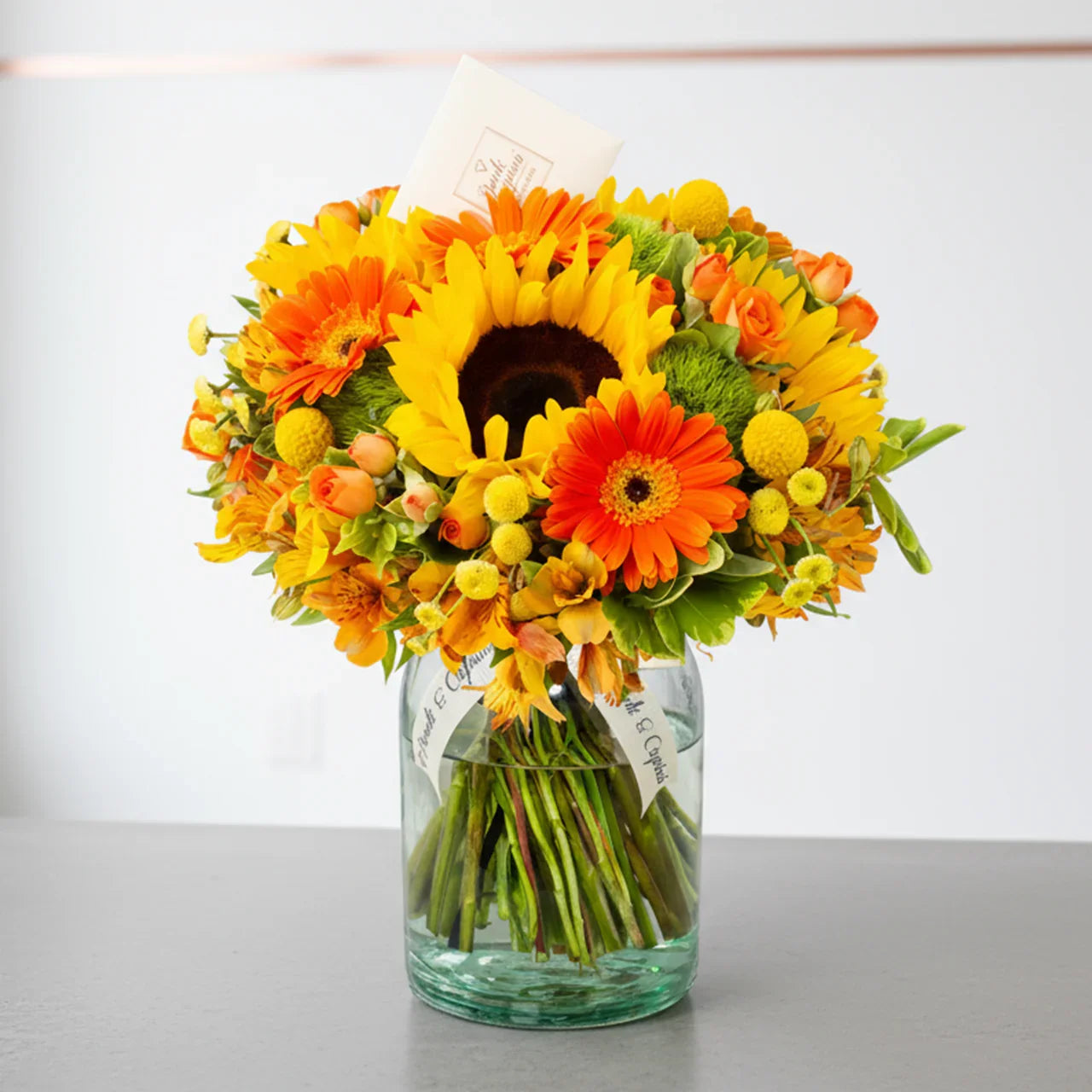Ramo de Gerberas y Girasoles, Mini Rosas Naranja y Alstromelia Amarilla -GI028-