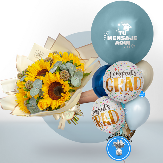 Ramo de Girasoles, Rosas Amarillas, Leather y Escabiosa + Bunch de Globos para Graduación - SET115