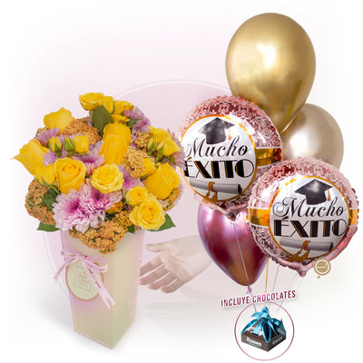 Ramo de Rosas Amarillas + Bouquet de Globos para Graduación -SET156-