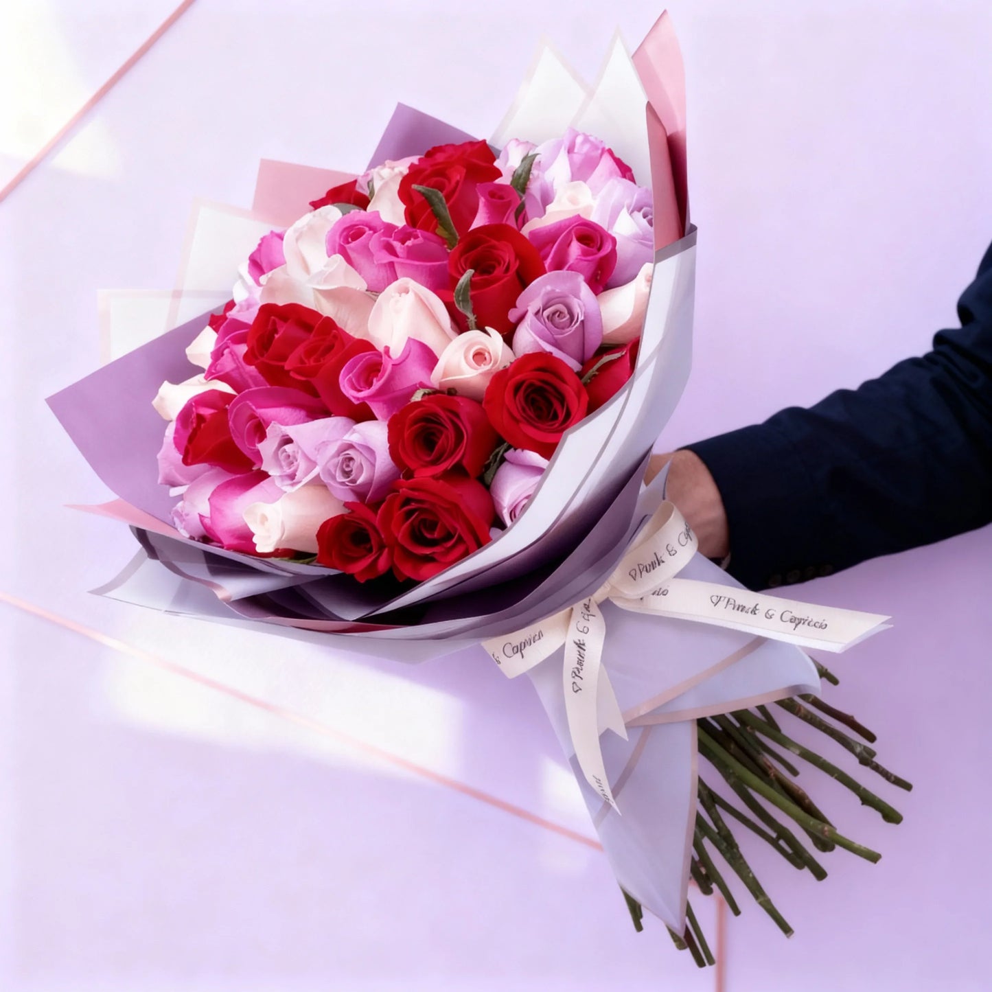 Ramo de Rosas Moradas (Lila), Rosa Pálido, Magenta y Rojas, presentación de 24, 50, 100 o 150 Rosas Ponch y Caprico CDMX