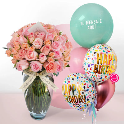 Ramo de Rosas Rosas Mix (Hermosas, Caricia y Mini Señorita) + Bouquet de Globos Inflados con Helio -SET100-