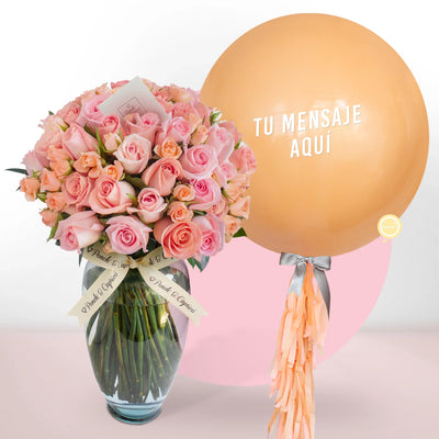 Ramo de Rosas Rosas Mix (Hermosas, Caricia y Mini Señorita) + Bouquet de Globos Inflados con Helio -SET100-