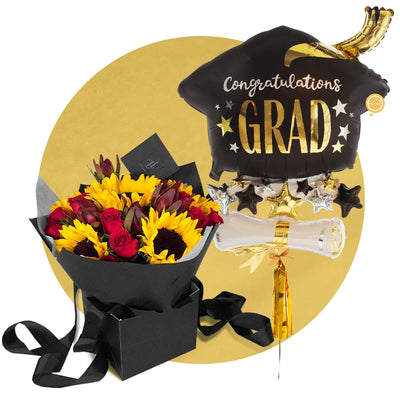 Ramo de Rosas con Girasoles y Safari + Globo Gigante de Graduación -SET157-