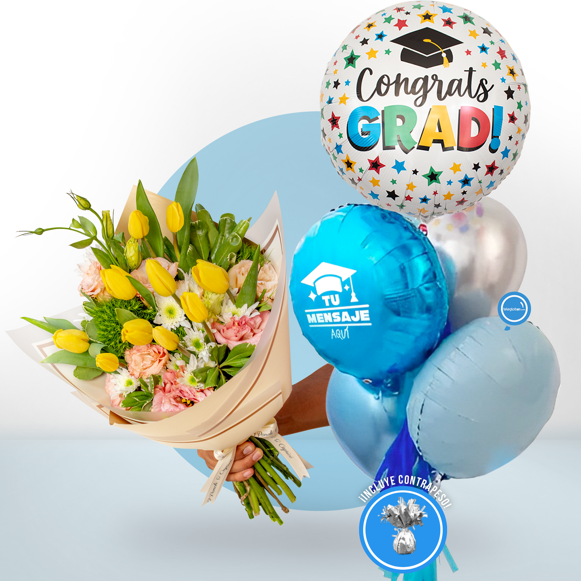 Ramo de Tulipanes Amarillos, Lisianthus Durazno y Yoko Blanco + Bunch de Globos para Graduación - SET110