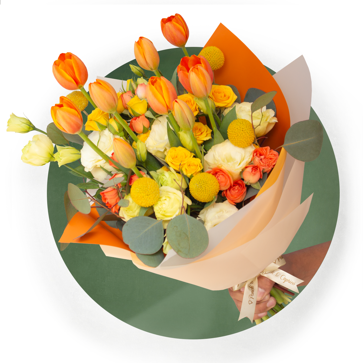 Ramo de Tulipanes Naranja, Mini Rosas y Lisianthus Crema
