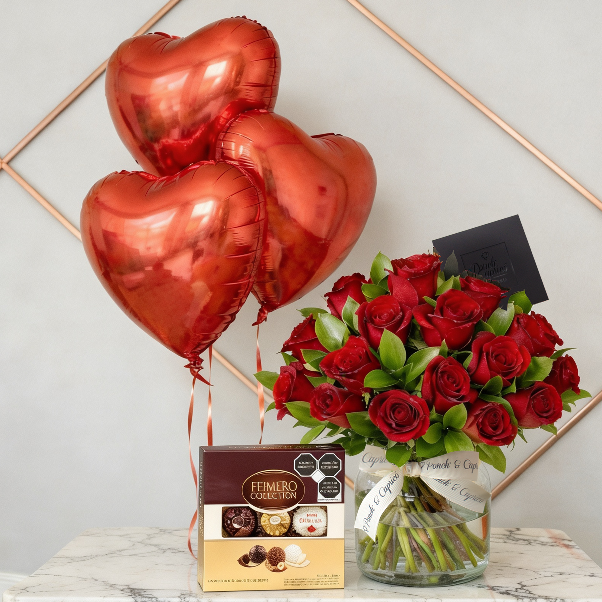 Flores con Ferrero y Globos (24 Rosas Rojas) 