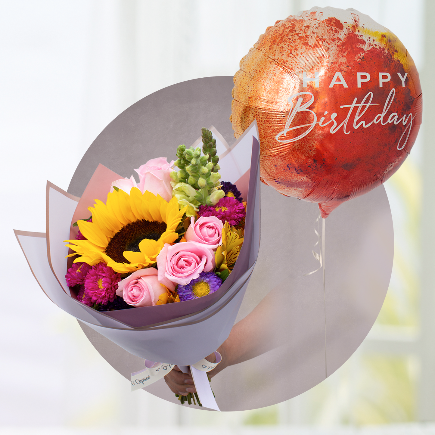 Sunflower Bouquet, Pink Caress Rose and Yellow Dragon Puppy - PRAM028