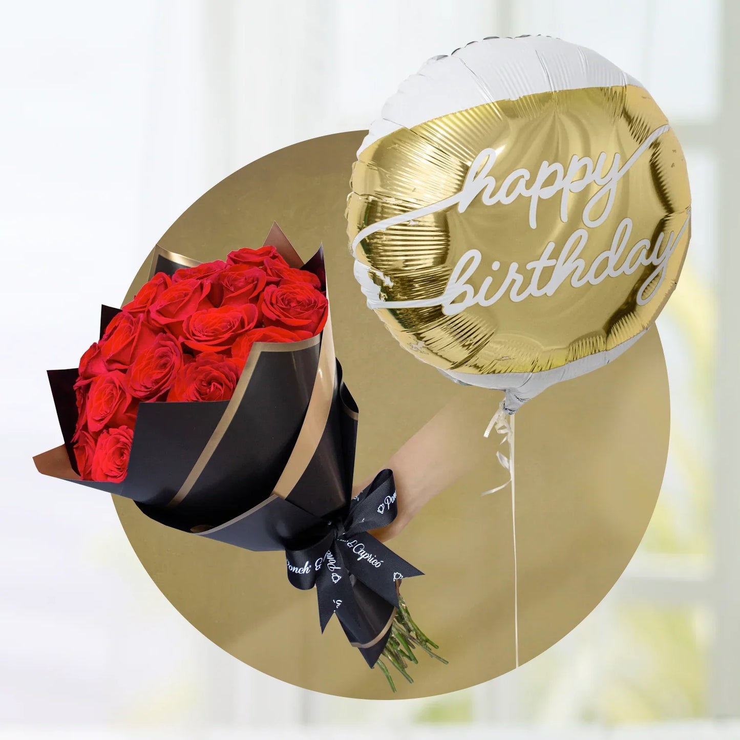 Ramo De 24 Rosas Rojas Con Globo Happy Birthday