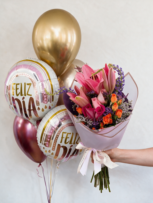 Ramo de Lilis, Mini Rosa Naranja, y Rosa Fucsia con Bouquet de Globos -SET037- con Globos con Helio de Feliz Dia Ponch y Caprico 