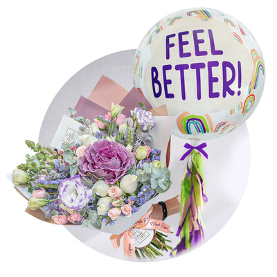 Branch of white roses and lisianthus with bubble balloon to improve yourself soon | Set140