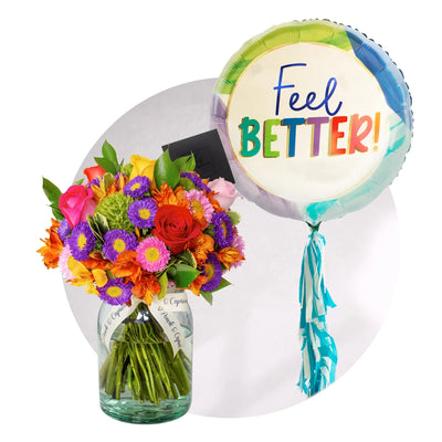 Floral arrangement of mixed roses and matsumoto with balloon to improve yourself soon | Set141