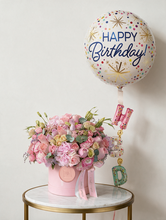 Rosas y Lisianthus en Caja con Globo Gigante de Happy Birthday | SET144