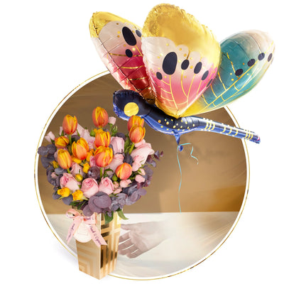 Ramo of tulips, roses and mini roses with giant butterfly balloon | Set147