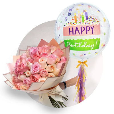 Ramo de 50 Rosas Rosadas con Globo Burbuja de Happy Birthday | SET149