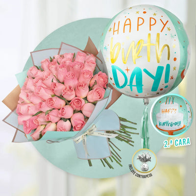 50 Rosas Rosadas en Ramillete + Orbz Happy Birthday -SET048-