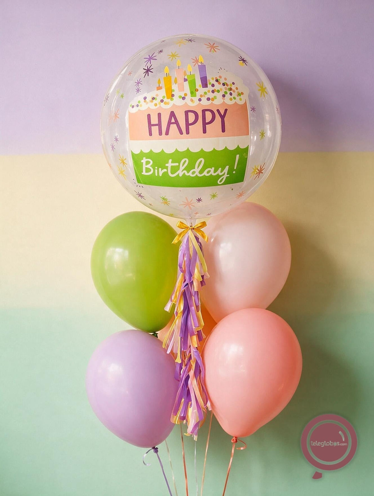 Bouquet de cumpleaños con burbuja Happy Birthday y látex pastel — componente del set