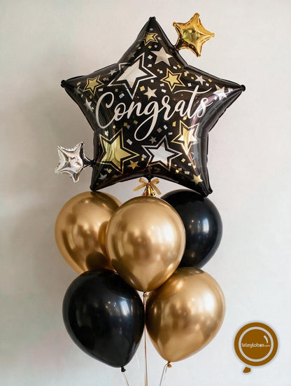 Bouquet de Globos con Helio -Congrats Black & Gold-