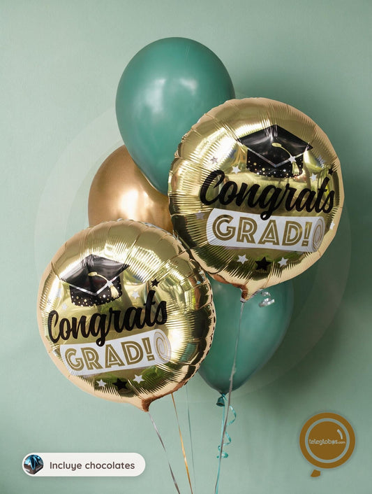 Bouquet de Globos para Graduación - Congrats Grad - Birrete de Graduado