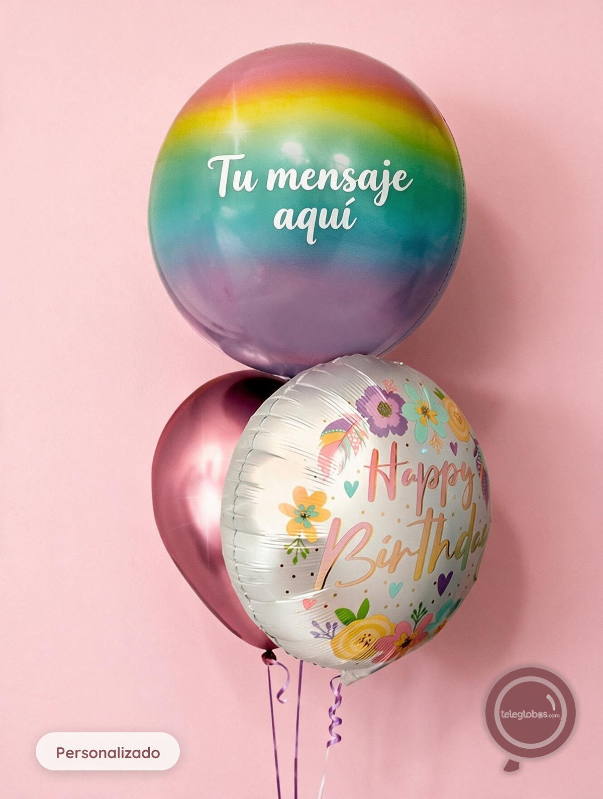Bunch de globos Rainbow Birthday con orbz personalizado, látex cromado y metálico Happy Birthday — componente del set