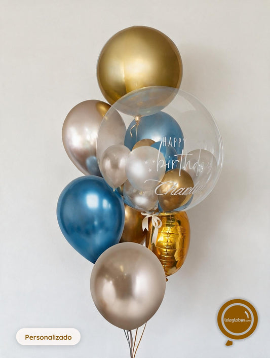 Bunch de globos y burbuja personalizada con helio - Gold Orbz -
