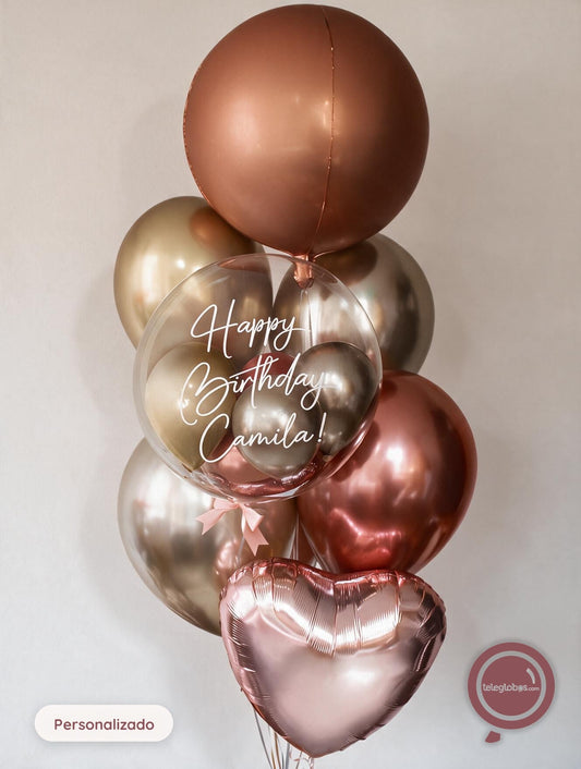 Bunch de globos y burbuja personalizada con helio - Satín Cobre -