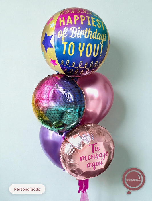 Bunch de Globos con Helio Personalizado - Happiest birthday to you -
