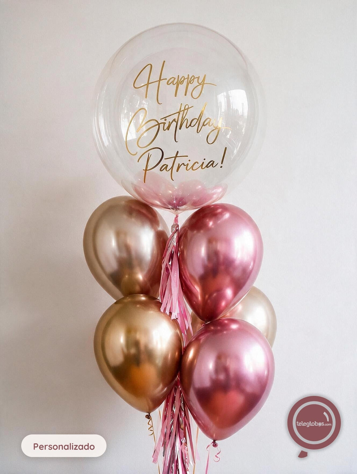 Burbuja personalizada con globos cromo rosa y oro con helio — componente del set