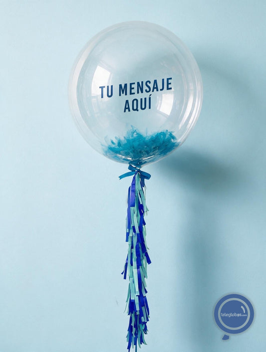 Burbuja con helio personalizada -Plumas Azules-
