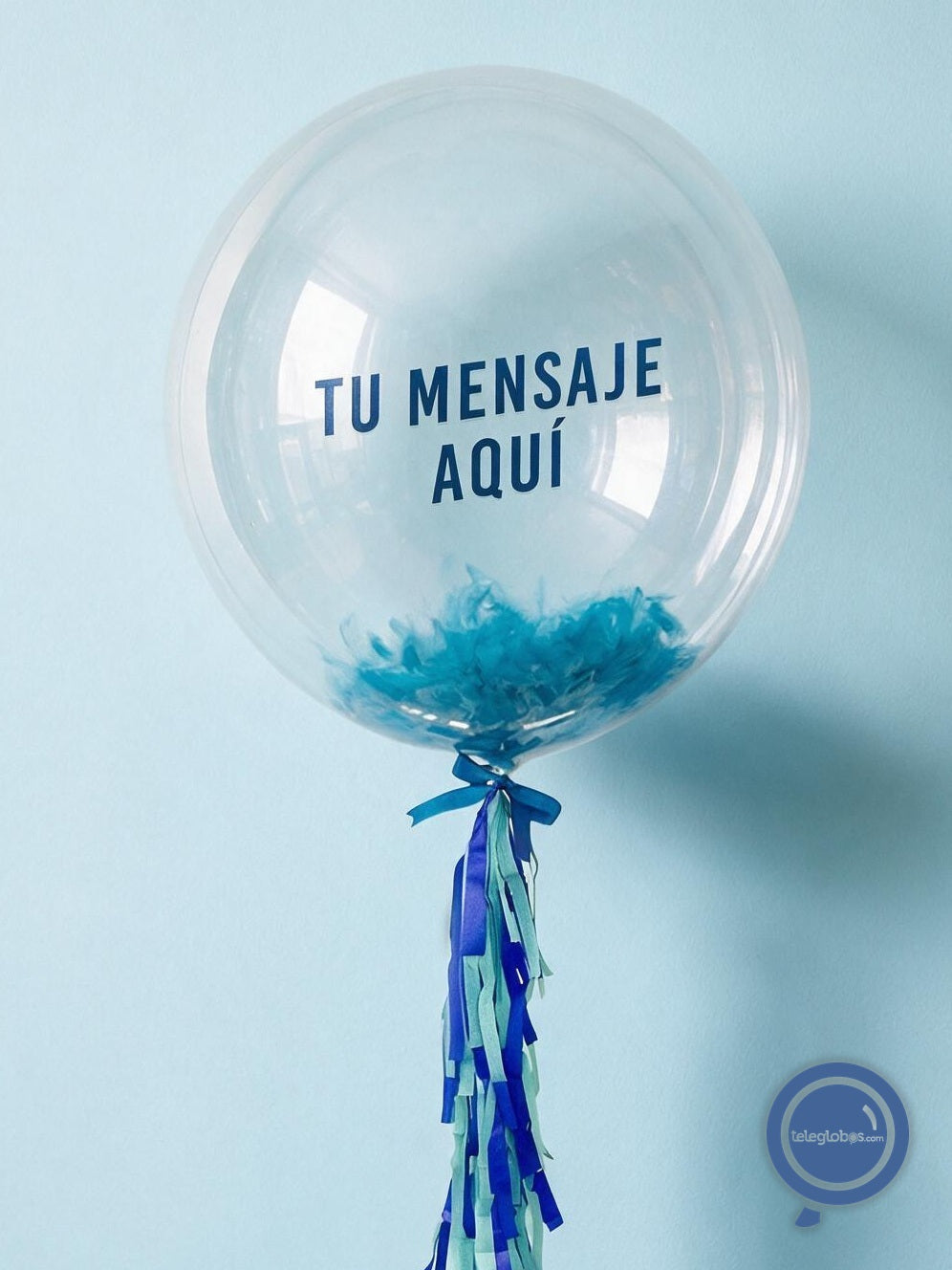Burbuja con helio personalizada -Plumas Azules-