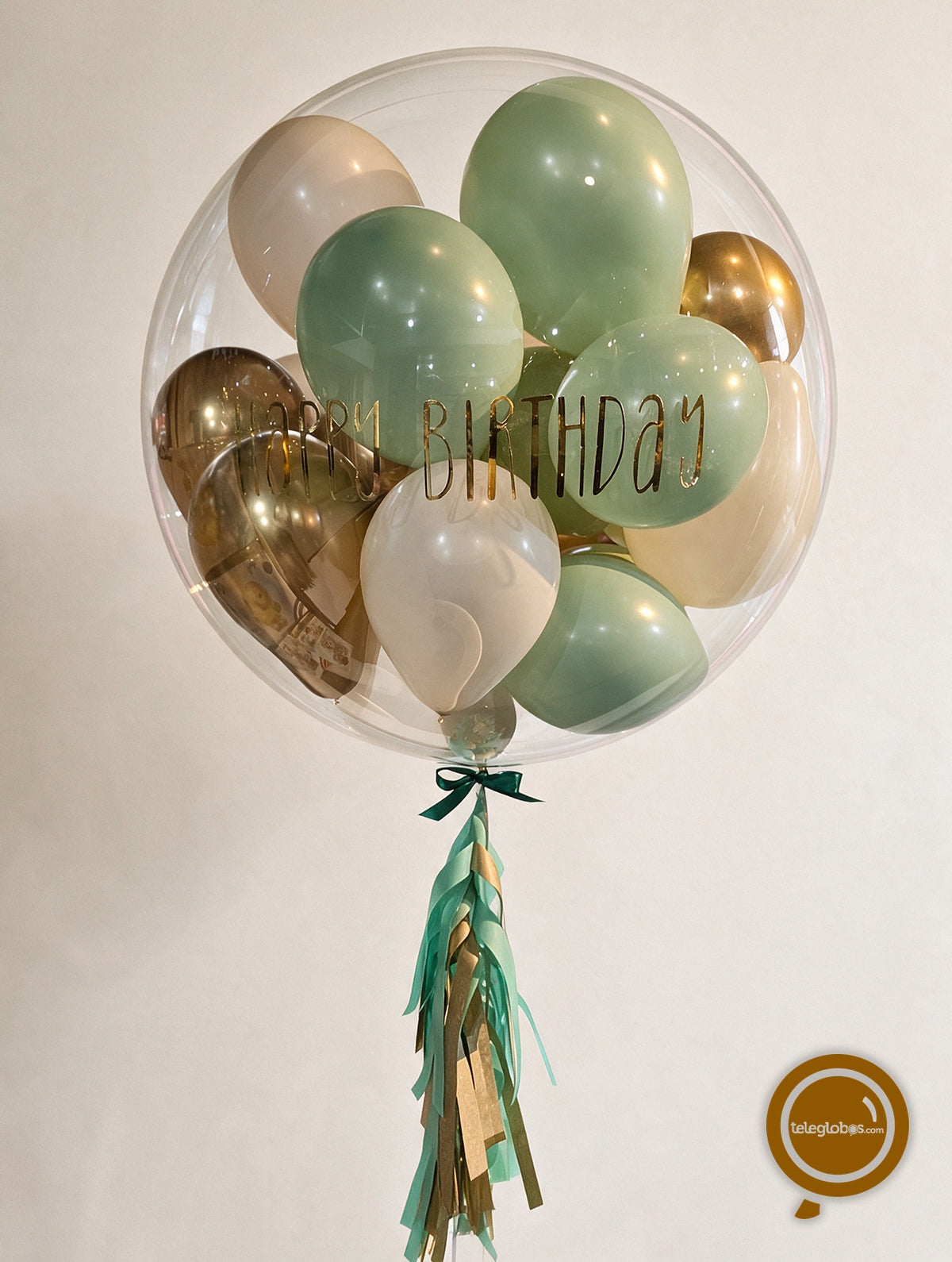Globo Burbuja Personalizado de 36" — 20 Mini Globos Verde Oliva, Crema y Dorado