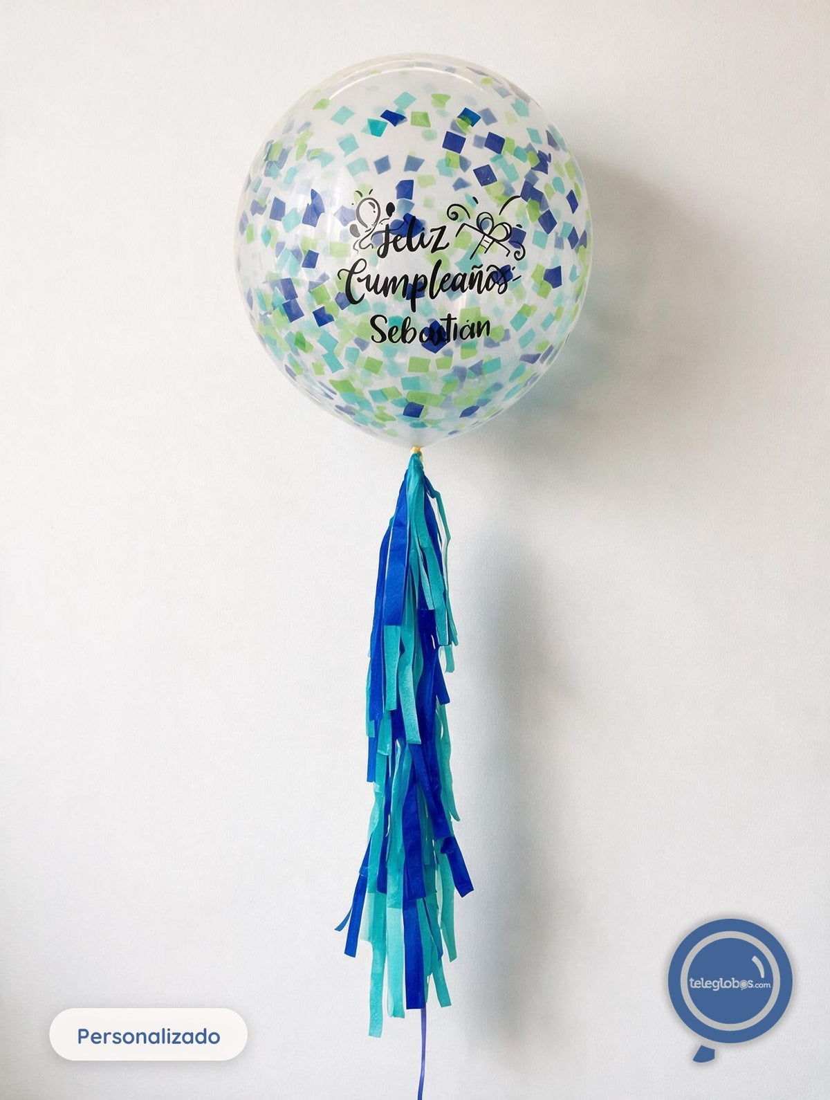 Globo grande/gigante personalizado con confetti -con helio- Azul/Verde Eco*