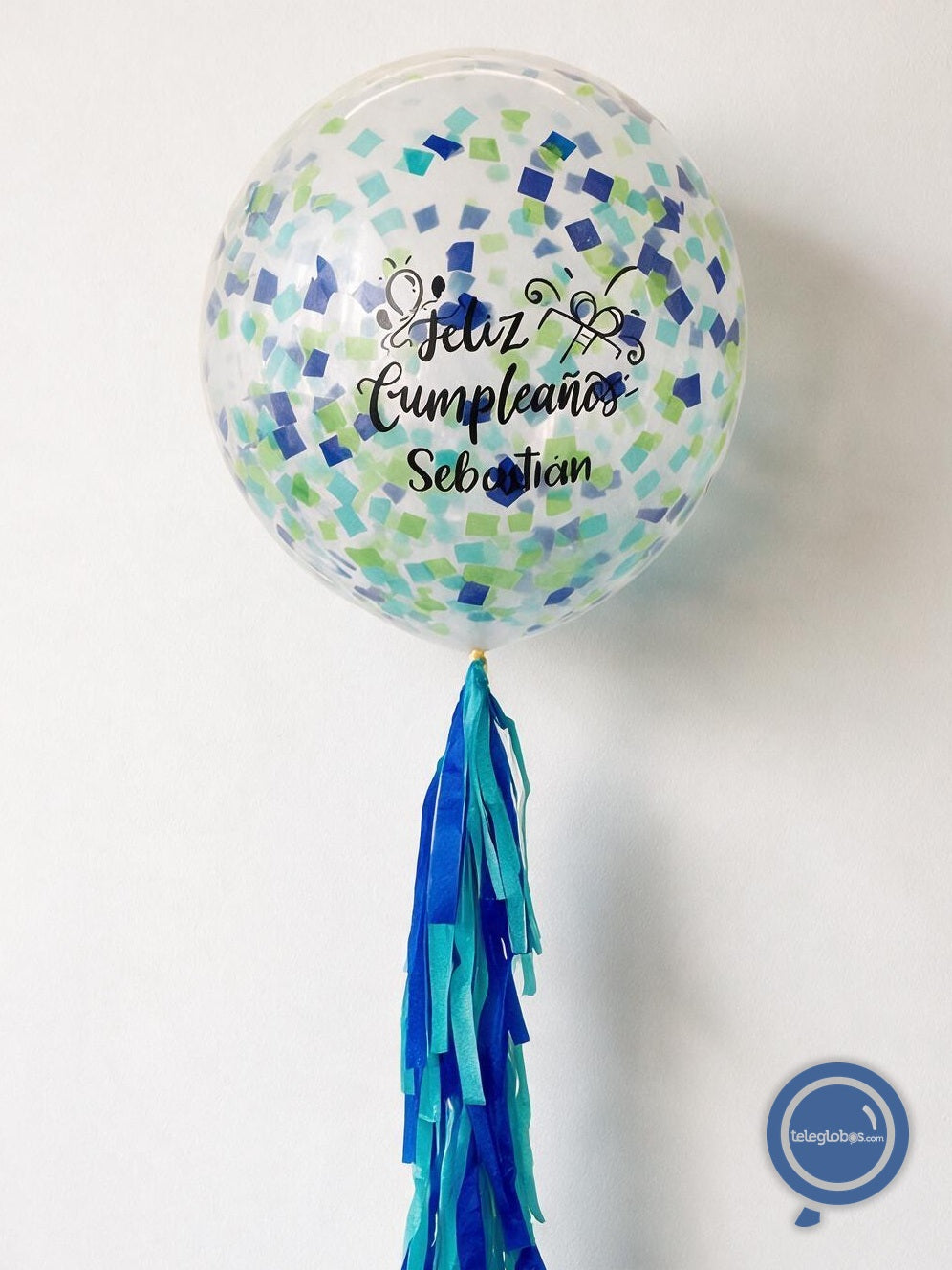 Globo grande/gigante personalizado con confetti -con helio- Azul/Verde Eco*