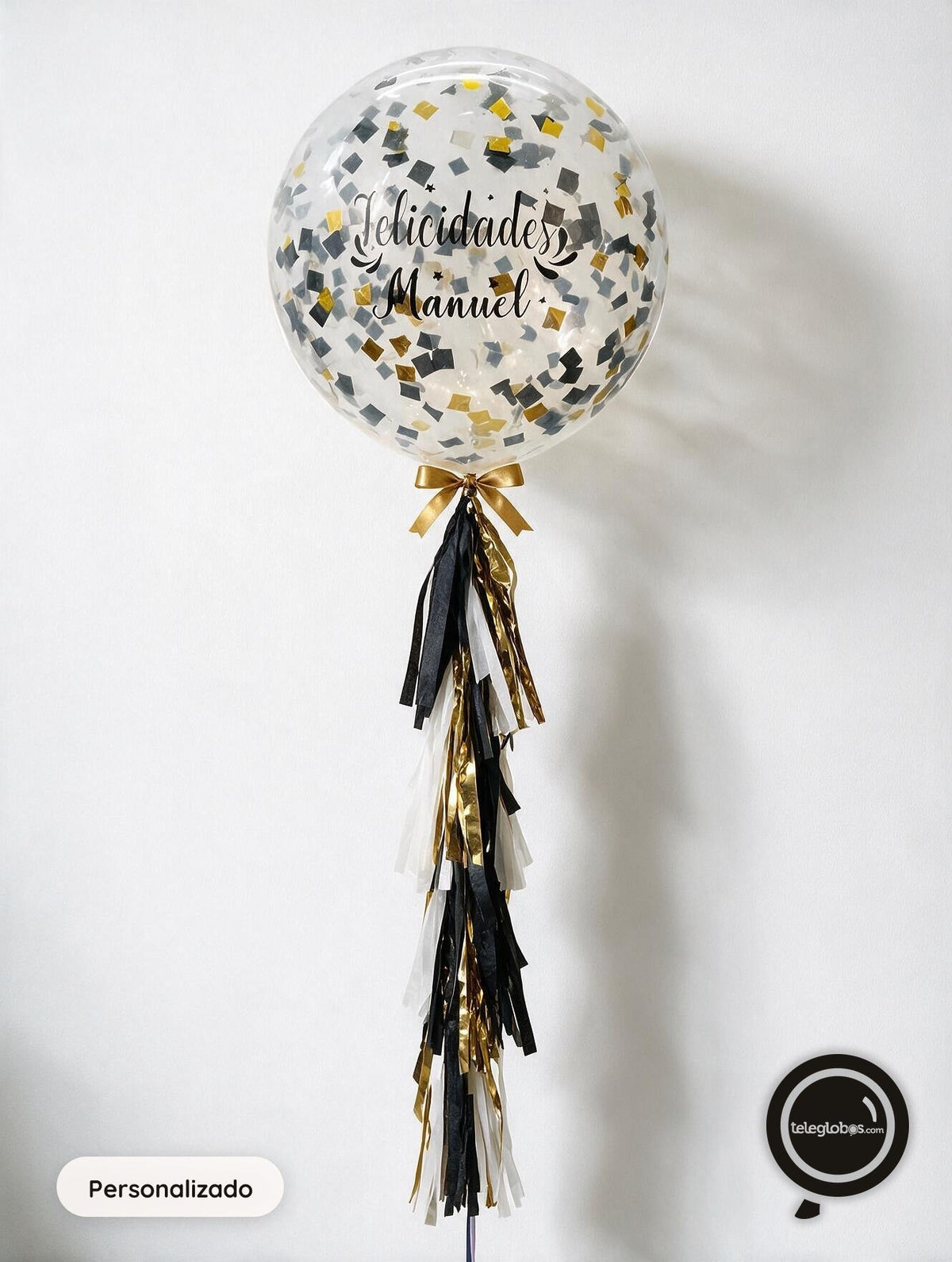 Globo grande/gigante personalizado con confetti -con helio- Negro/Dorado/Plata Eco*