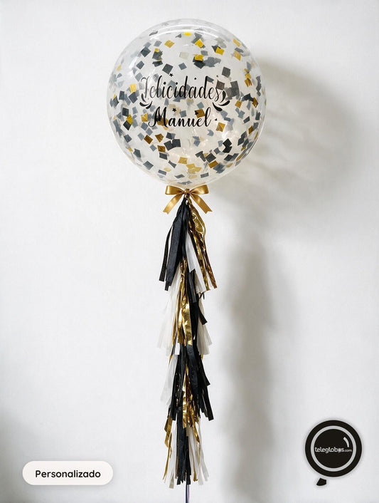 Globo grande/gigante personalizado con confetti -con helio- Negro/Dorado/Plata Eco*