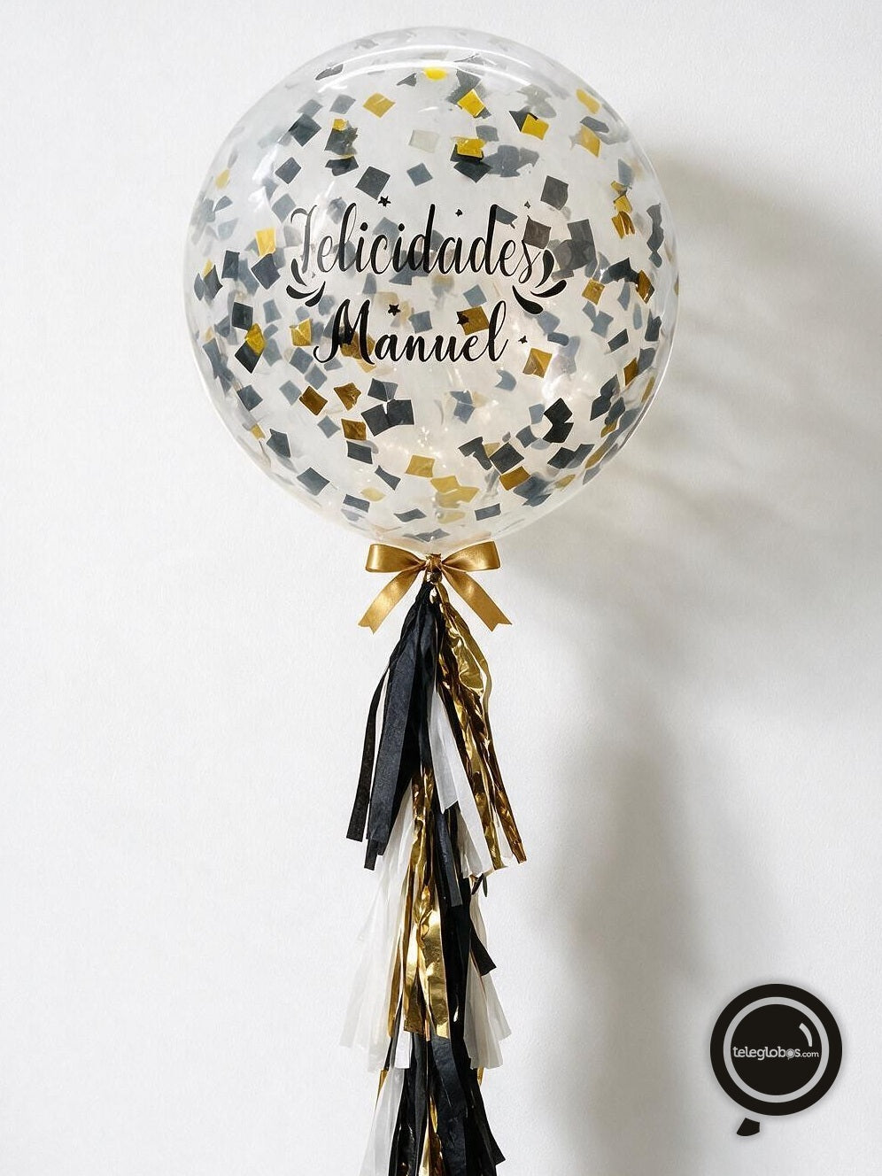 Globo grande/gigante personalizado con confetti -con helio- Negro/Dorado/Plata Eco*