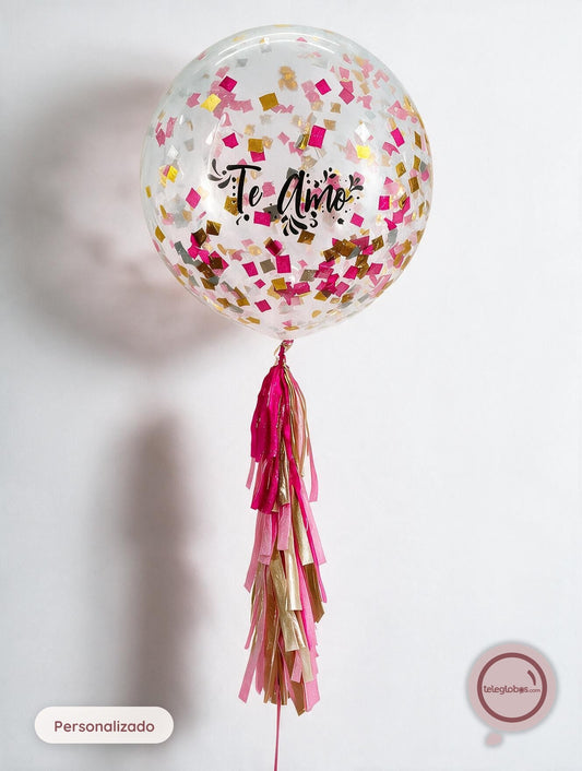 Globo grande/gigante personalizado con confetti -con helio- Rosa/Magenta/Dorado Eco*
