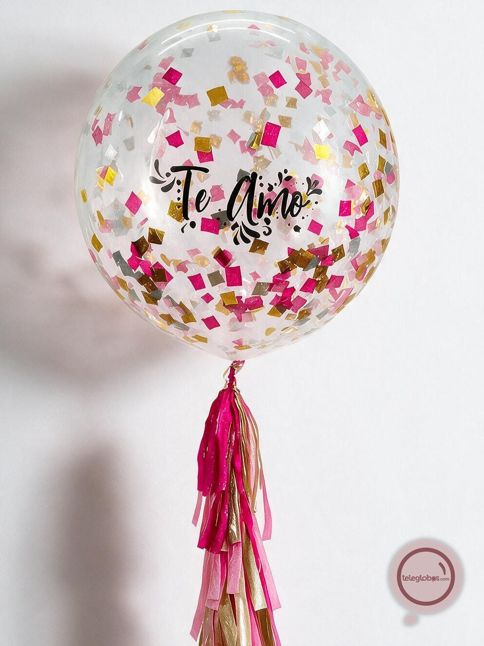 Globo grande/gigante personalizado con confetti -con helio- Rosa/Magenta/Dorado Eco*