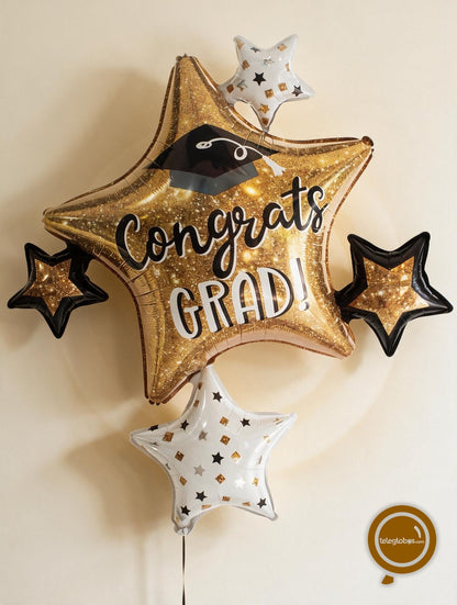 Globo Metálico Super Shape de 35" - Congrats Grad Sparkle Stars - Estrellas Doradas de Graduación