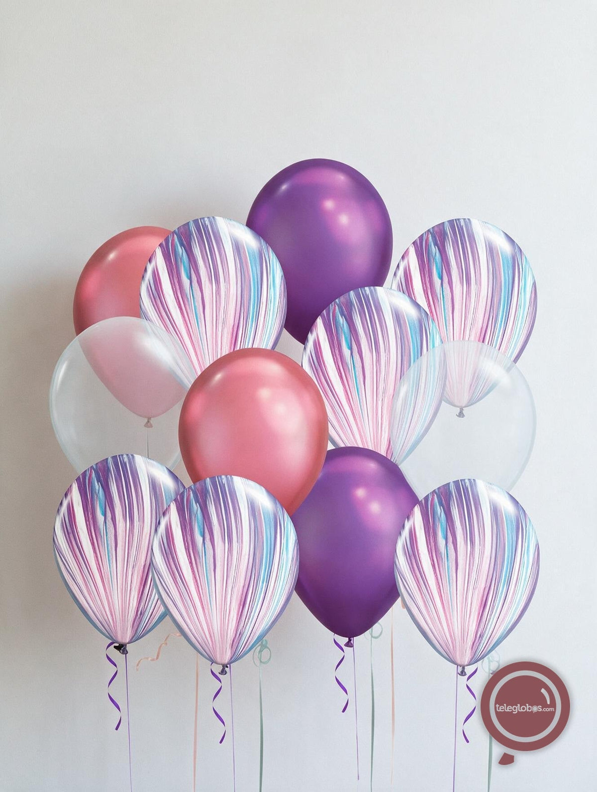 12 Globos Látex con helio Ágata, Cromo y Transparente