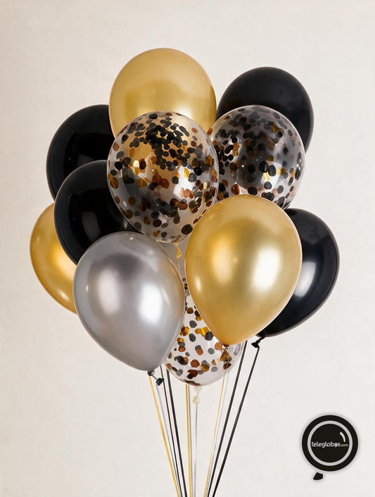 Ramo de 16 Globos de Látex 12" Deluxe c/ Helio (Metálico, Transparente y Standard)